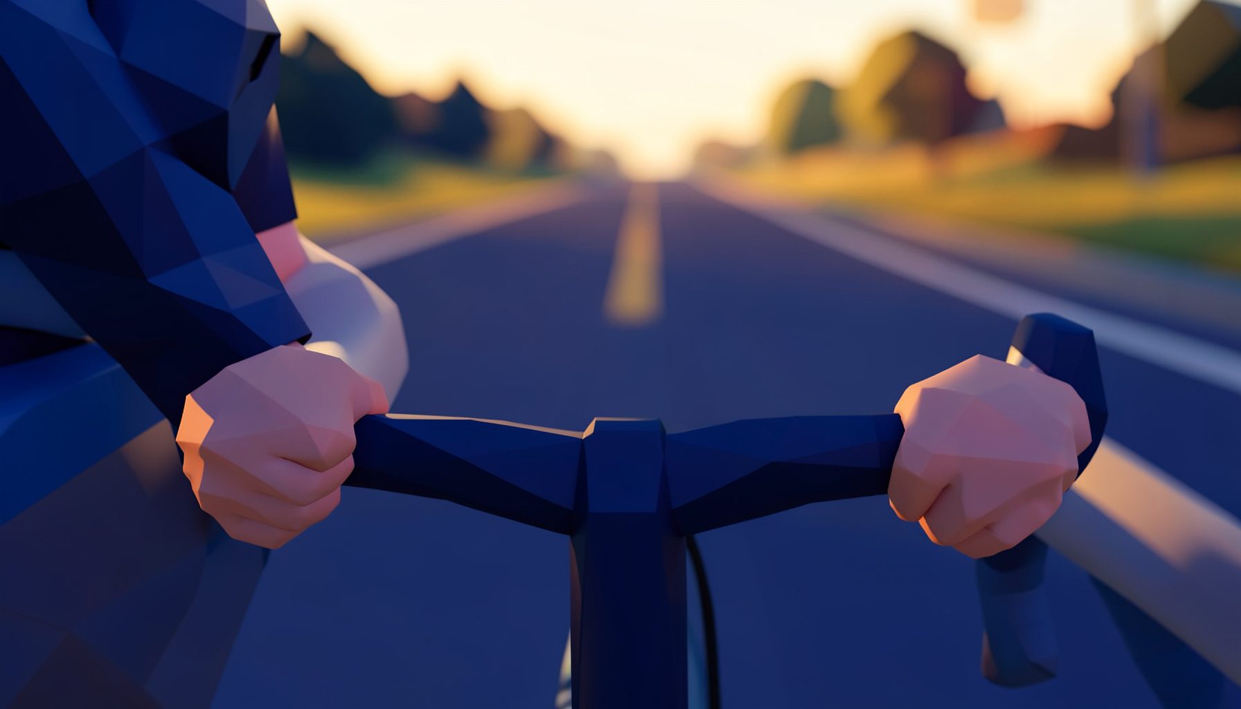 Close-up of a cyclist's hands gripping drop handlebars, with a blurred road stretching ahead in warm morning sunlight, deep blue and amber tones