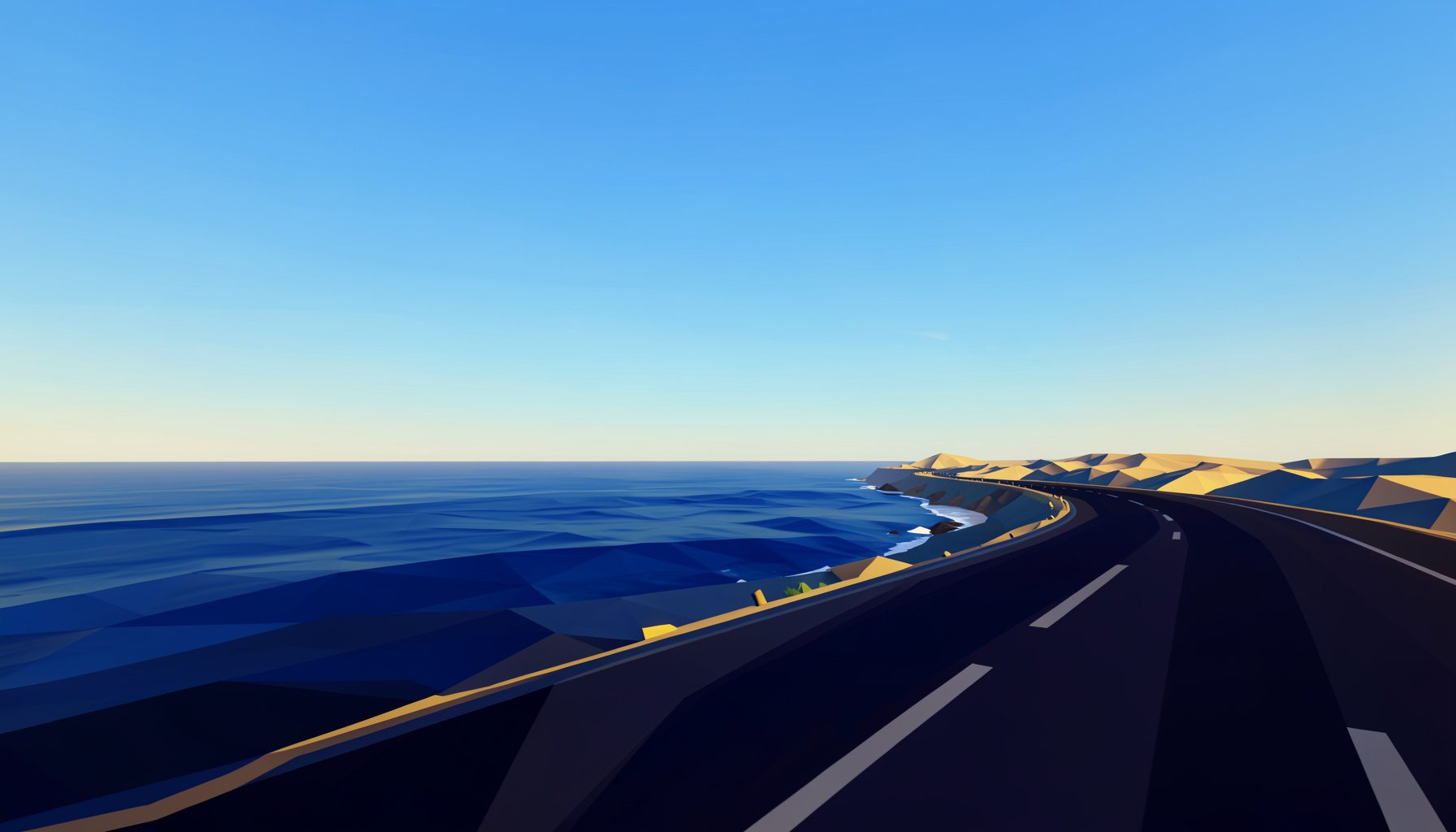 Wide view of a coastal road curving along the shoreline under a bright blue sky, with deep navy and golden tones in the early morning light