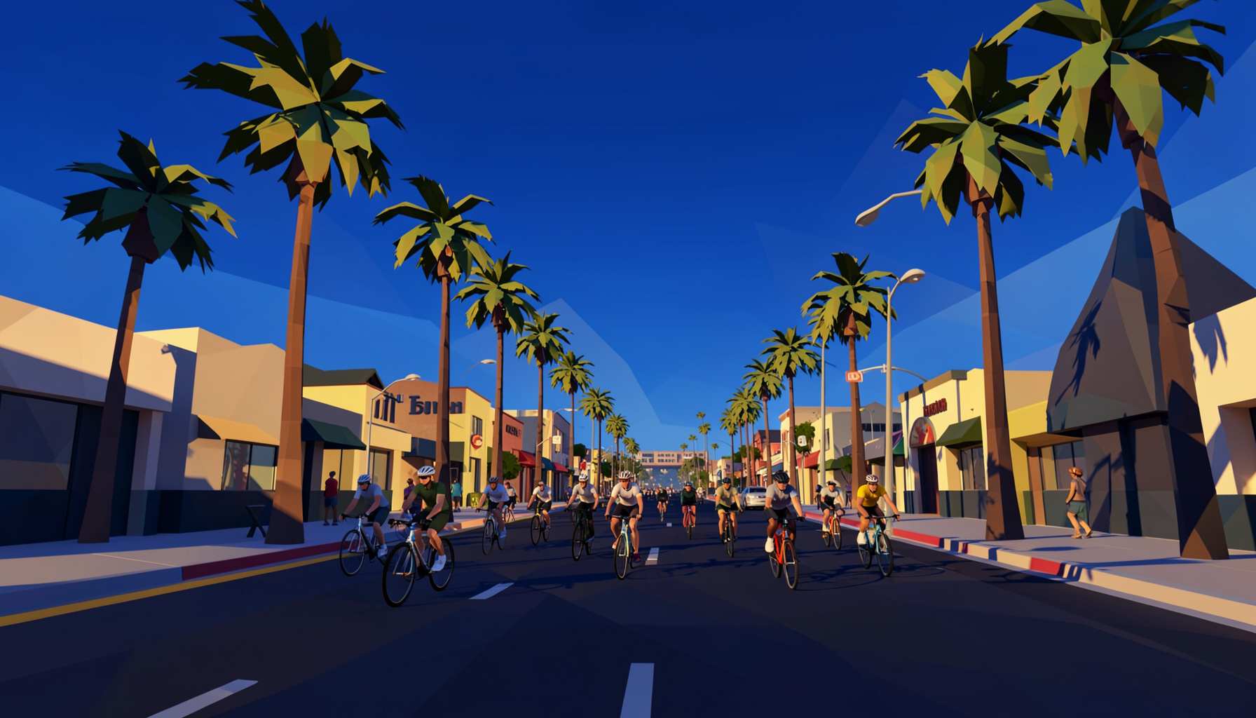 Wide panoramic view of a sunlit Los Angeles boulevard with cyclists riding in a group, warm golden light, deep blue sky, palm trees lining the road